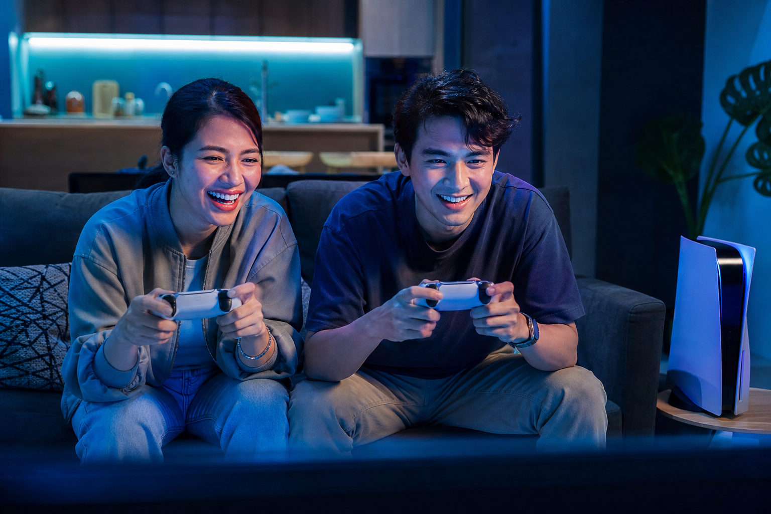 Friends playing a co-op session with DualSense controllers