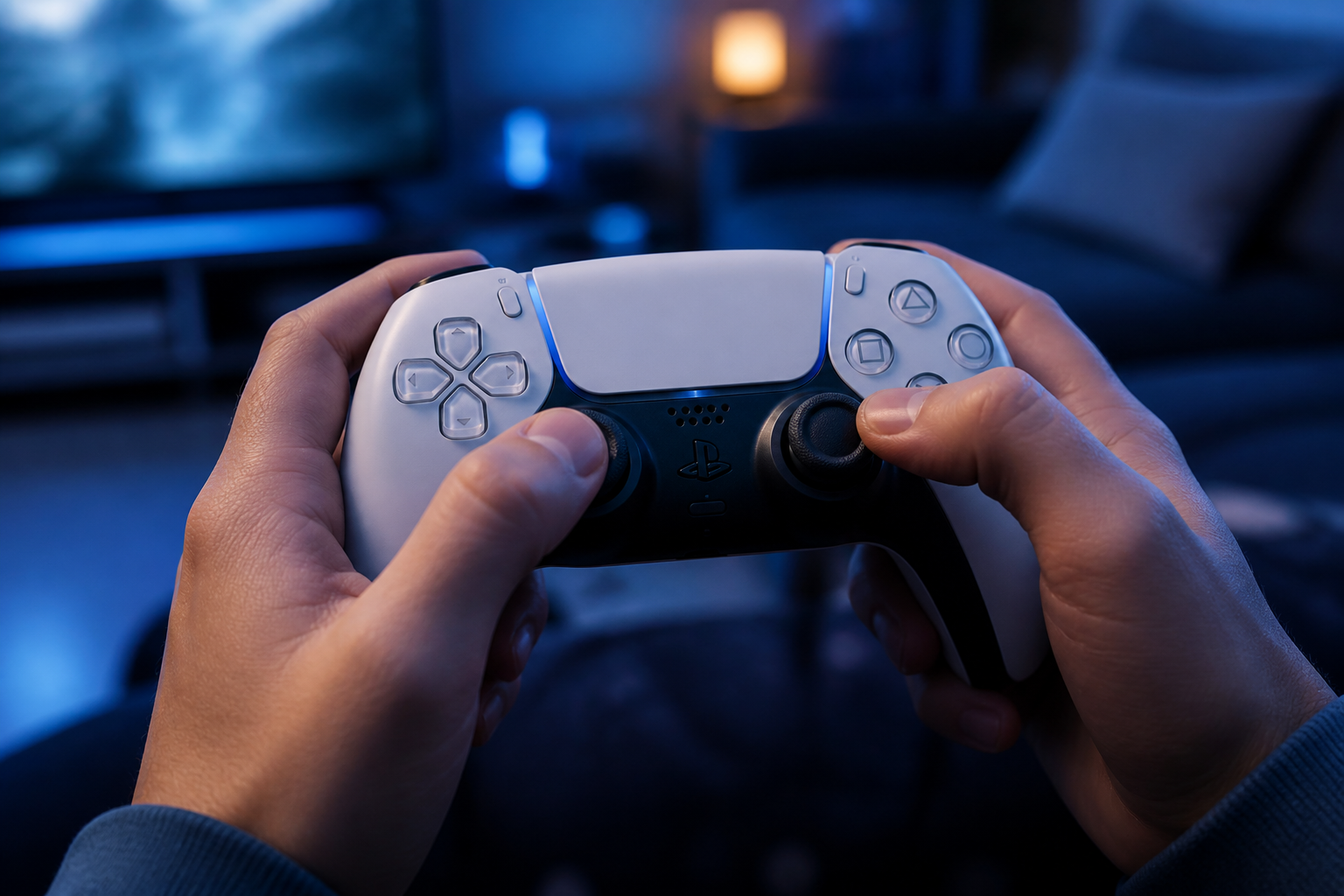 Hands holding a DualSense controller